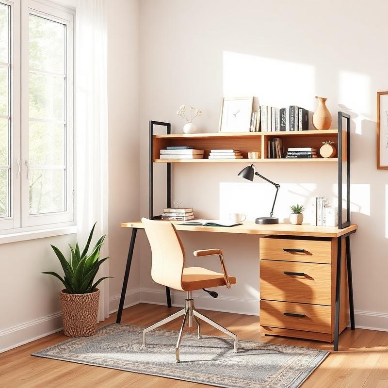 Home office completo montado com mesa e estante