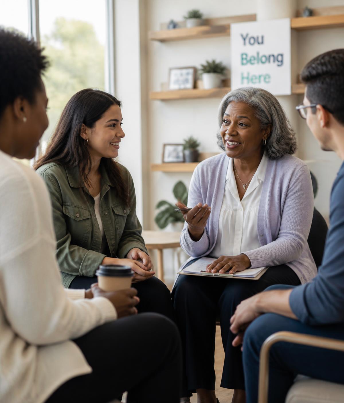 Pessoas de diferentes nacionalidades em uma conversa de mentoria acolhedora