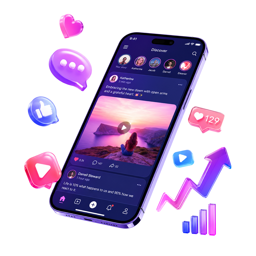 Smartphone com feed de redes sociais e ícones de engajamento